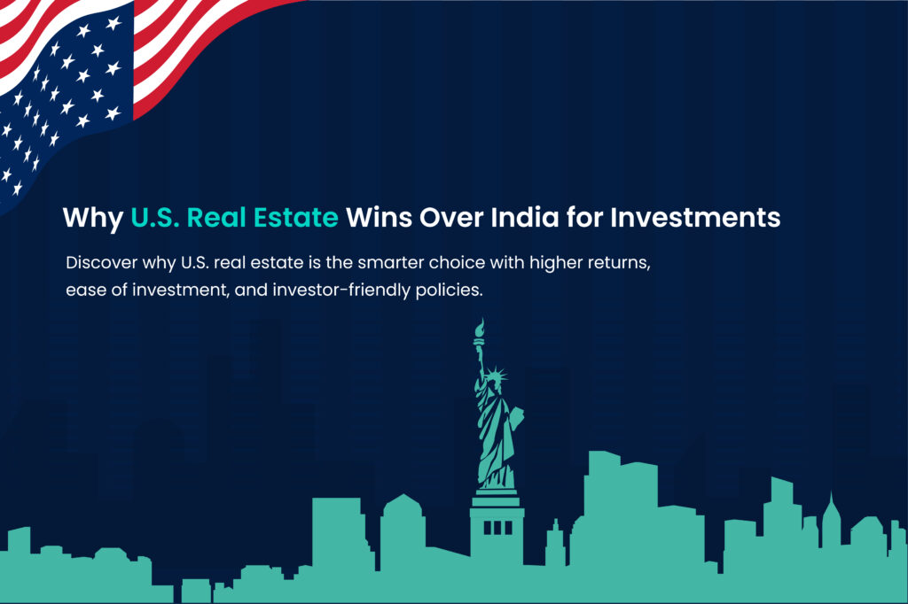 Comparison of U.S. and Indian real estate investments by Ashton Gray Investments with the Statue of Liberty and U.S. flag background.